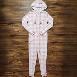 Forever 21 Light Pink Plaid Adult Onesie Hooded Pajamas Size Small
